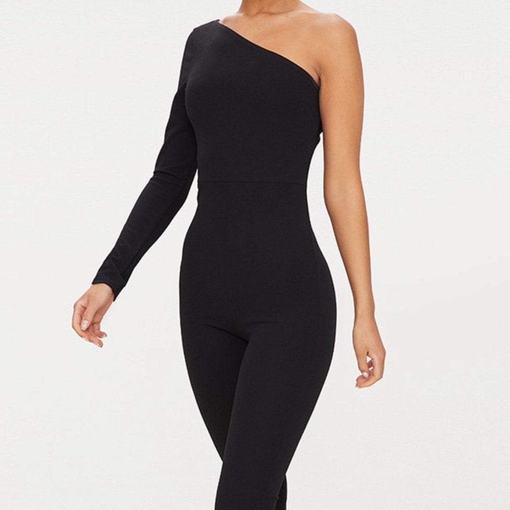 P.L.T. Black Long One Shoulder Jumpsuit